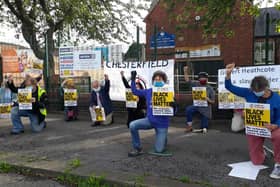 Members of Stand Up to Racism Chesterfield and North Derbyshire during their protest at what was formerly known as Gilbert Heathcote Primary School