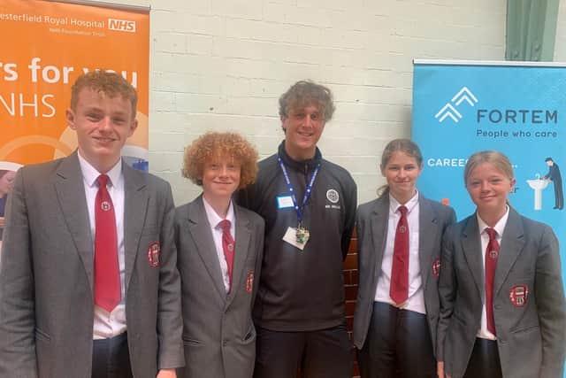 Pupils from Highfields School in Matlock. From left: Harry Watson, Jacob Amos, Jamie Waller – PE teacher and careers lead at Highfields School – Keeley Greaves and Taylah Charlton