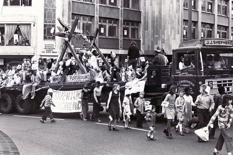 An adventure playground-themed float on the Sheffield Lord Mayor's Parade in 1976