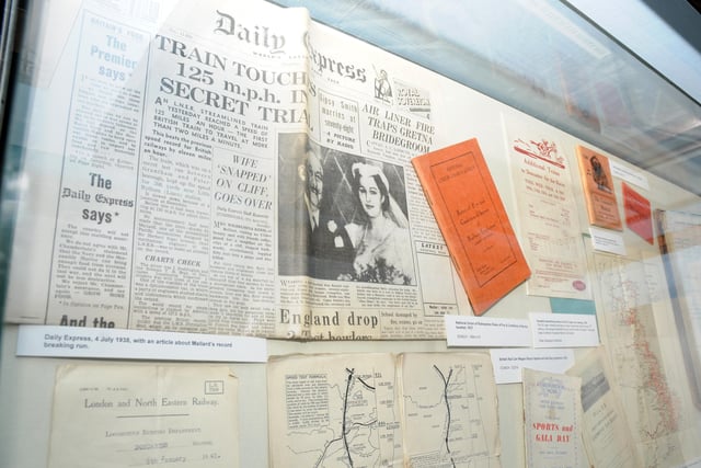 A newspaper clipping from the Daily Express in 1938 when the Mallard broke the speed record at the Mallard exhibition at Doncaster Museum