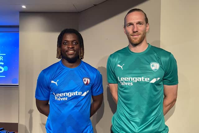 Kabongo Tshimanga and Jamie Grimes wearing the new kits for next season. Picture: Chesterfield FC.
