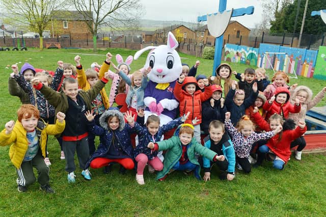 The Easter bunny visits pupils at Henry Bradley Nursery and Infant School.
