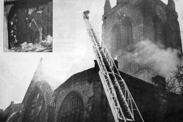 Firefighters tackle the blaze at Chesterfield's Crooked Spire in 1961