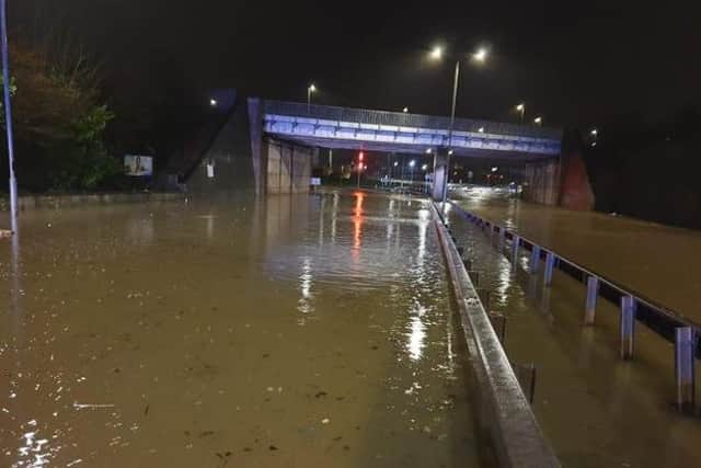 Storm Dennis grips Derbyshire with flooding causing road closures including this area near the A617 Hasland bypass, in Chesterfield.
