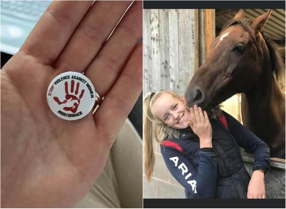The badges are emblazoned with the words 'stop violence against women' and are being sold in memory of 23-year-old Gracie Spinks