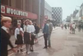 Outside the now-demolished Woolworths on Burlington Street in the early 1980s. Burlington House can be seen in background in the centre of the picture.