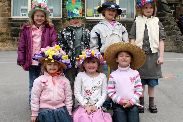 Jessica Neath, Jack Neath, Rebecca Furlong, Sophie Holbrow, Elle Goodall, Holly Bennett and Charlie Brown show off their  Easter bonnets at All Saints Infants School, Matlock.