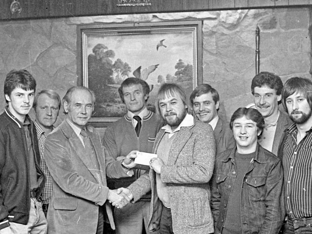 Cheque presentation at the Kestrel pub in Marehay, December 1981.