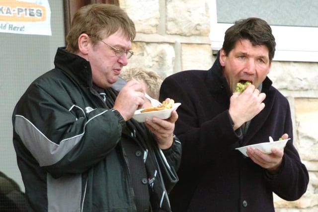 Rotherham Utd boss Mick Harford(right) is so busy in his new job that he has no time for a proper lunchbreak,as he tucks into pie and peas while watching The Owls Reserves play Preston Reserves at Stocksbridge Park Steels Ground at Bracken Moor in 2005