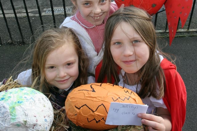 Westhouses Primary School pupils Evie Middleton, Danielle Milward and Destiny Harrison with their handmade eggs.