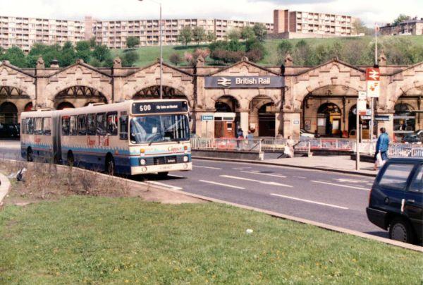 South Yorkshire Transport Clipper bendibus passing Midland Railway Station, 1986