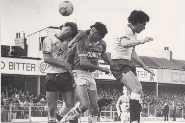 Club legend Ernie Moss heads towards goal. The forward joined Spireites from Mansfield in 1979 and went on to score 33 times in 107 games before moving to Port Vale.