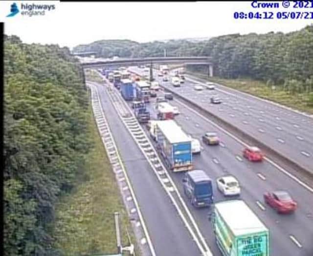 Traffic pictured earlier on the M1 southbound as a result of the van fire (Picture: Traffic England)