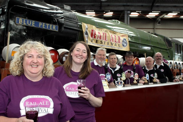 Rail Ale organising committee members Jane Lefley and Alexa Stott with Kim Beresford , Steve Dolton, Andy Dowson, Mervyn Allcock and Roy Shorrock at the 2012 festival.
