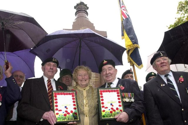 Mayor Beyrl Roberts at a Mexborough memorial service, 2001.