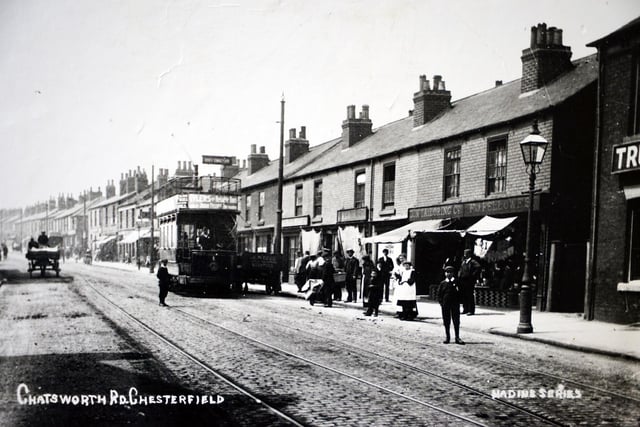 A tram stops to pick up passengers on Chatsworth Road circa 1910.