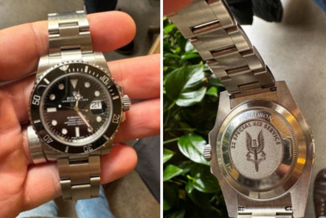 The SAS Submariner Rolex watch, which has a winged dagger on the back, was stolen during a burglary in Newton Solney on December 16.
