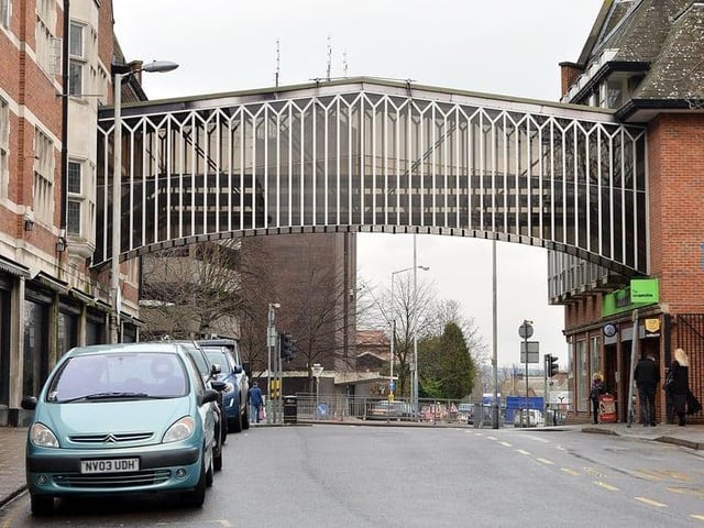 The former bridge connected the former Co-op building with the Central England Co-operative supermarket. It was demolished in 2018.