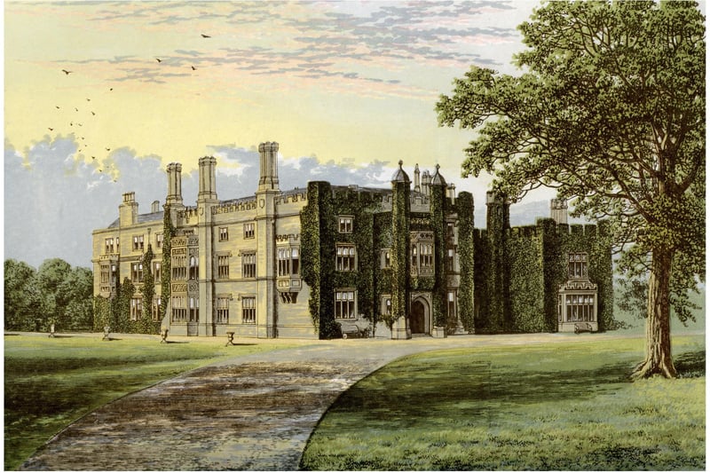 Drakelowe Hall, Derbyshire, home of Baronet Gresley, c1880. The Elizabethan house was demolished in 1934 to make way for Drakelowe Power Station. A print from A Series of Picturesque Views of Seats of the Noblemen and Gentlemen of Great Britain and Ireland, edited by Reverend FO Morris, Volume II, William Mackenzie, London, c1880. Wood-engraved plates after paintings by Benjamin Fawcett and Alexander Francis Lydon. (Photo by The Print Collector/Print Collector/Getty Images)