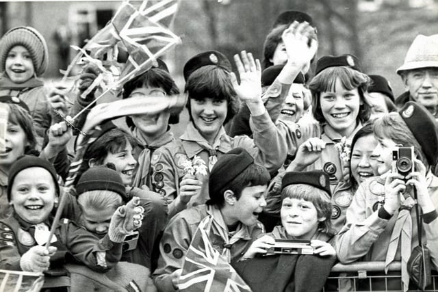 Guides wait to greet the Queen on her visit to Derbyshire in 1985.