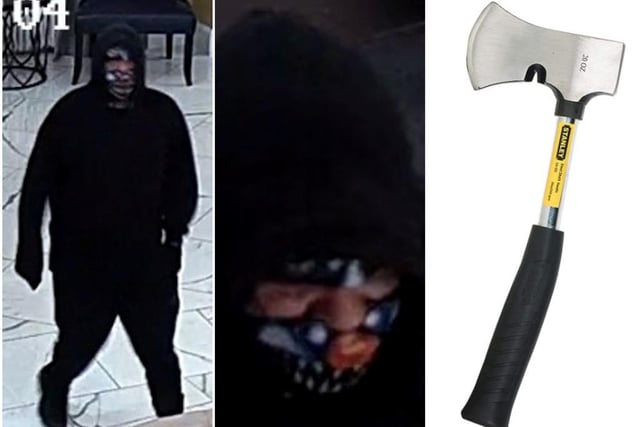 At around 5am on April 16 a man entered the Buxton Crescent Hotel and threatened a member of staff before making off with cash in direction of The Slopes. 
Thankfully no-one was hurt, however police hope someone may recognise the man pictured here and come forward.
They are also wanting to speak to anyone in the local area who may have sold an axe like the one pictured recently, or may have noticed one discarded.