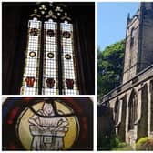 Dronfield Parish Church with examples of its medieval stained glass windows.