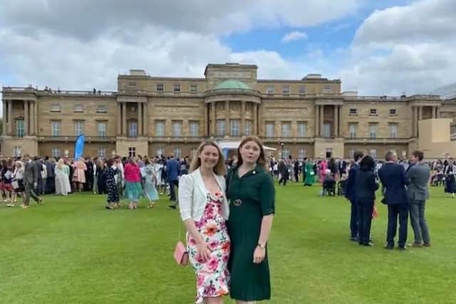 Emilyjane pictured with her friend Emily at the Buckingham Palace Duke of Edinburgh event