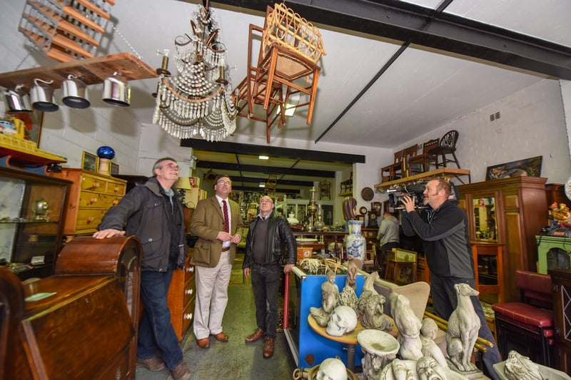 BBC Antiques Road Trip expert Paul Laidlaw (2nd left) being filmed with Alan Bamford (left) and Alan Padgett (3rd left) the owners of Kiwi Trading, Osborne Road, Hartlepool, for a future episode five years ago.