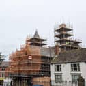Scaffolding has been put in place to allow for improvement and replacement works to the chimney, spire, guttering and timber structures.