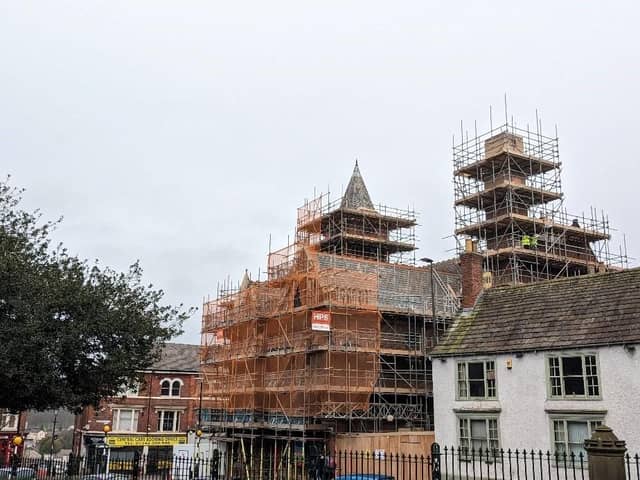 Scaffolding has been put in place to allow for improvement and replacement works to the chimney, spire, guttering and timber structures.