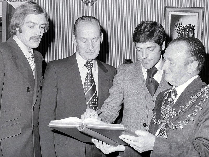 Stags Civic Reception after winning the Division Three Championship. Left to right: Gordon Hodgson, captain, Arthur Patrick, chairman, Peter Morris, manager and George Jelly, Council chairman.