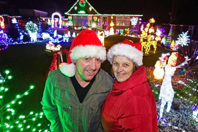 Mark and Julie Peacock will be raising money for the lung transplant centre at Wythenshawe Hospital, Manchester, through donations from visitors to their Christmas lights display.