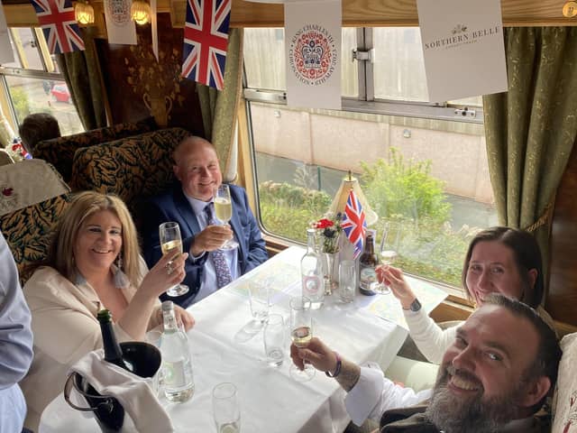 It was a right Royal occasion with red, white and blue bunting lining the gleaming 1930s Pullman-style carriages and Union flags decorating the tables. Picture: PAUL COOKSON