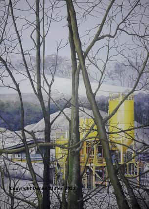 Denise Cliffen's painting entitled Yellow Silo depicts industry and landscape on the High Peak Trail.
