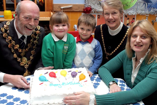 William Rhodes nursery School celebrate their 25th anniversary with the Mayor and Mayoress of Chesterfield Adrian and Inder Kitch. also pictured are 3 yr old  Demi Bond and 4 year old Calum Hollingworth with Nursery Nurse Sue Slater who has been there from the start.