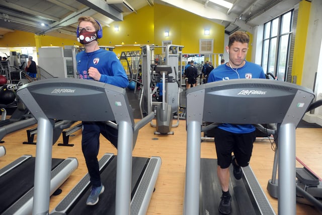 Daniel Blanford, left, and Sotoris Fiakas at work in the gym at the Chesterfield Football Club Village