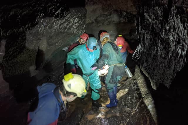 The Derbyshire Cave Rescue Organisation helped to free an injured man trapped in Ogof Ffynnon Ddu in the Brecon Beacons. This picture was posted by the South and Mid Wales Cave Rescue Team on Facebook.