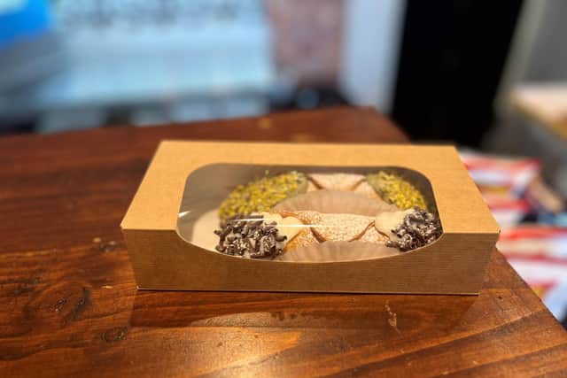 The cannoli are made fresh to order and filled with delicious ricotta cream.