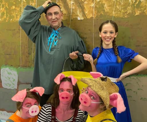 Andrew Judge (Jack), Sarah Gillott (Jill), Ruth Dixon, Sally Granger and Elen Williams (Three Little Pigs) in Bradwell Centenary Players' pantomime Little Red Riding Hood at the village memorial hall from February 23 to 26, 2022.