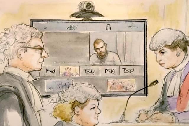 Artists impression of Damien Bendall appearing at Derby Crown Court via video-link from HMP Wakefield