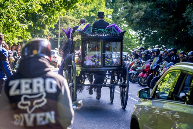 The horsedrawn carriage carrying the coffin of 16-year-old Louise Smith passing 100’s of bikers on Middle Park Way. Picture: Habibur Rahman