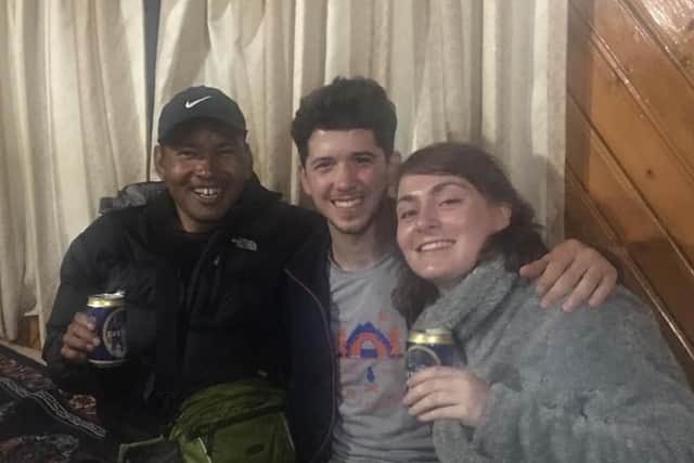 Sunil Tamang, Dominic Casswell and Francesca Gallone at the end of their Everest Basecamp Trek in 2019.