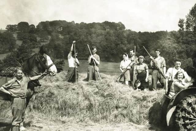One of the pictures in the records shows haymaking scene at an unknown location in Derbyshire, c1940. Credit: from the collection of FH Brindley.