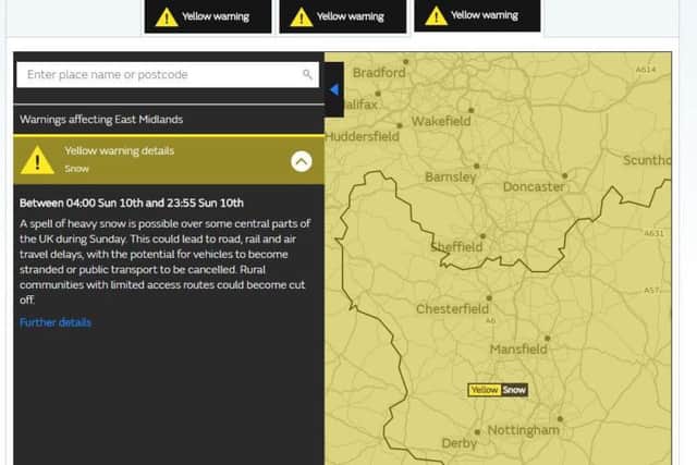 The Met Office is warning of a spell of heavy snow on Sunday