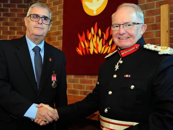 Mike Tye (left) with the Lord Lieutenant of Derbyshire, William Tucker.