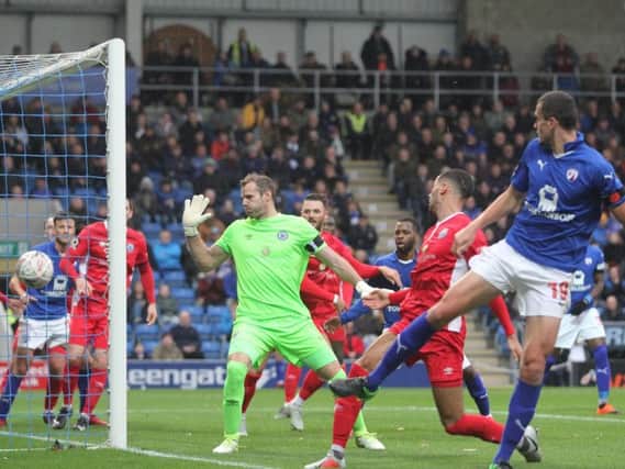 Haydn Hollis heads just wide for Chesterfield.
