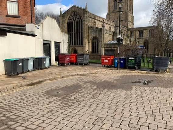 The bins outside the Crooked Spire.