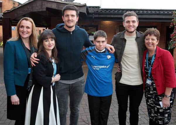 Leicester and England star Harry Maguire returns to his former school at St Marys in Chesterfield along with his brother Laurence who plays for Chesterfield, Chesterfield, United Kingdom, 10th January 2018. Photo by Glenn Ashley.
