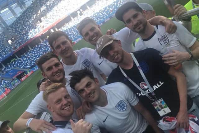 Harry pictured with friends after playing for England in their 6-1 win over Panama at the World Cup in Russia.