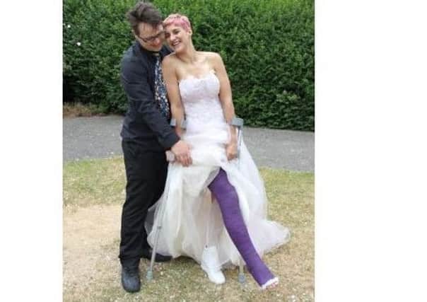 Donna (complete with full leg cast) and Aaron on their wedding day.